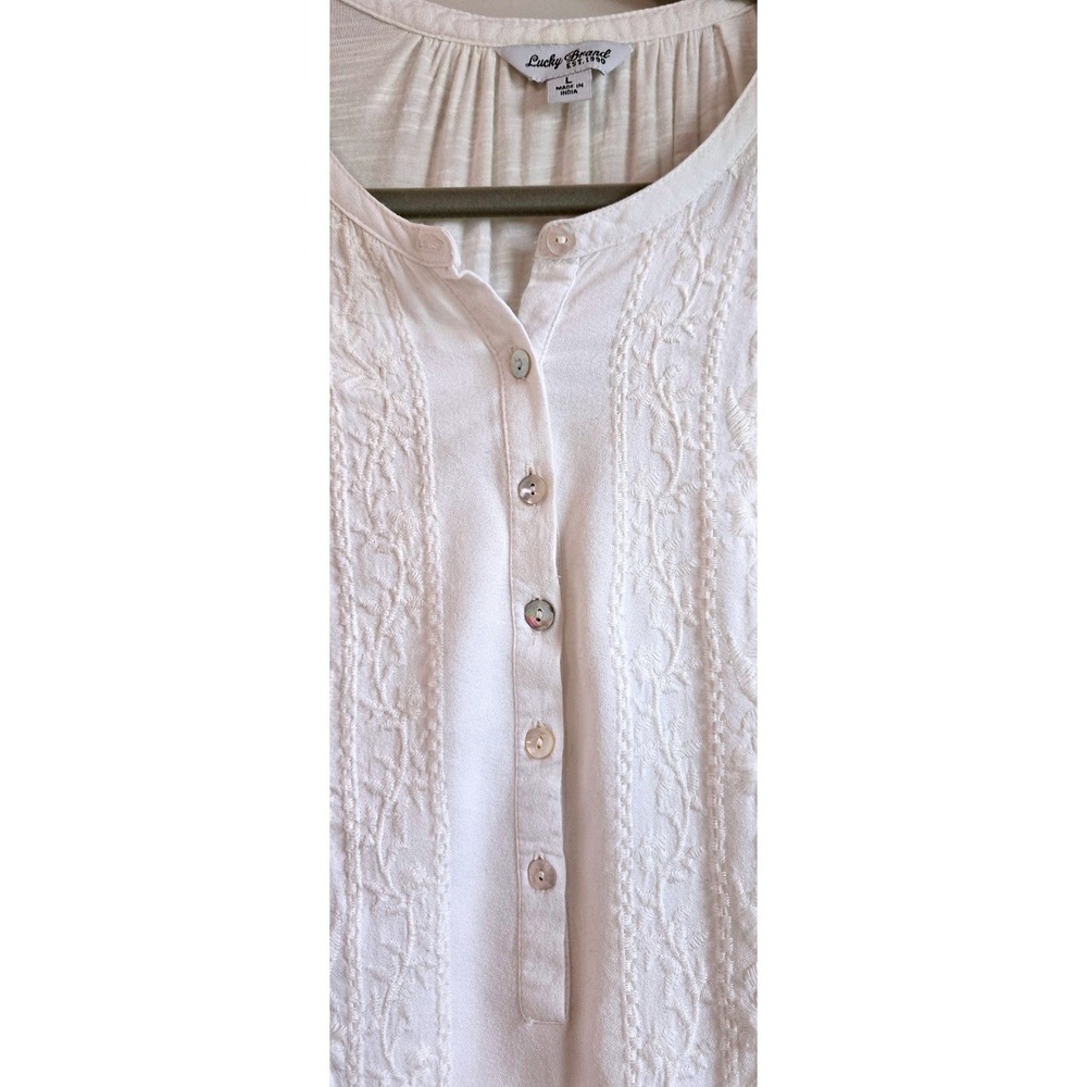 Lucky Brand White Embroidered Henley Blouse Short Sleeve Boho Top Women's Large - Picture 4 of 7